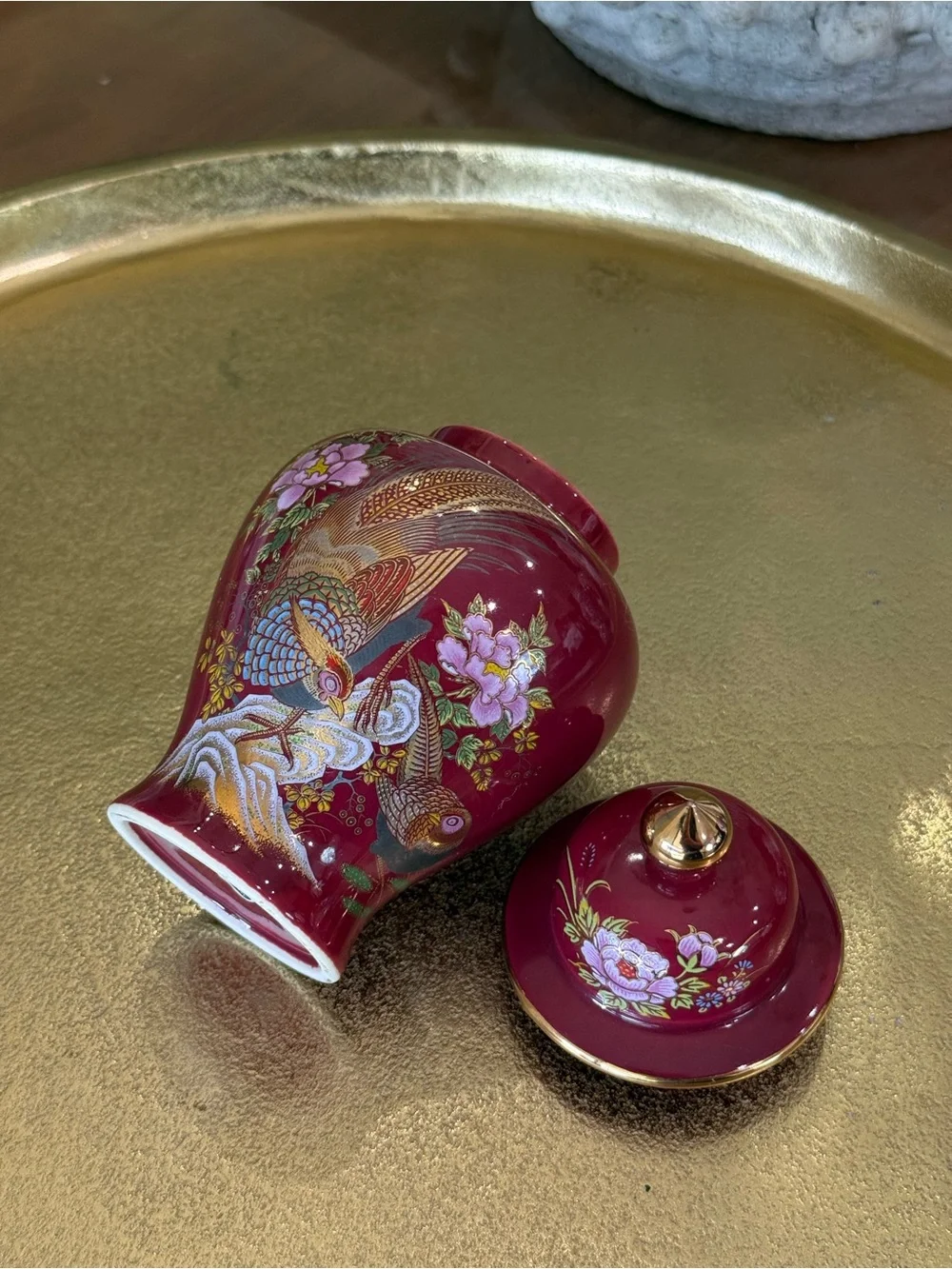 Vintage Burgundy Ginger Jar – Phoenix & Floral Porcelain Decor